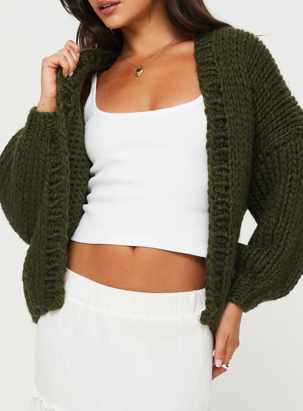 Balloon Sleeves Knit Cardigan Olive