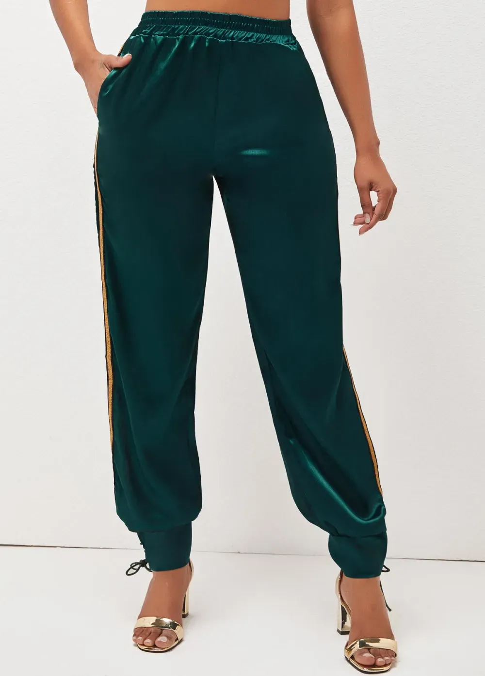 Dark Green Lace Up Side Slit Pants