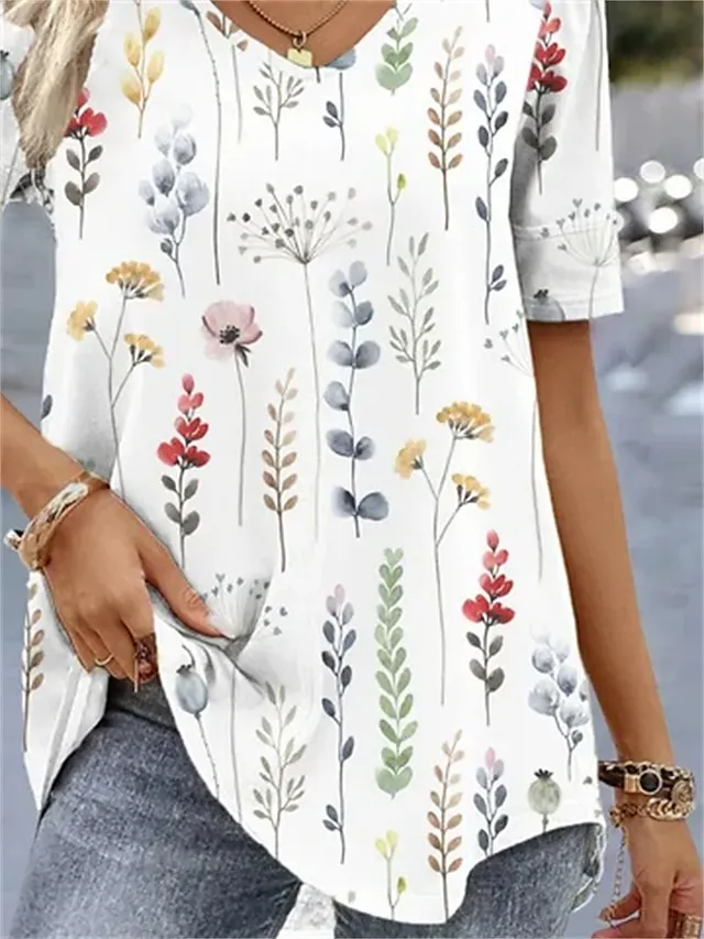 Women's T shirt Tee White Light Green Pink Floral Print Short Sleeve Holiday Weekend Basic V Neck Regular Floral Painting S