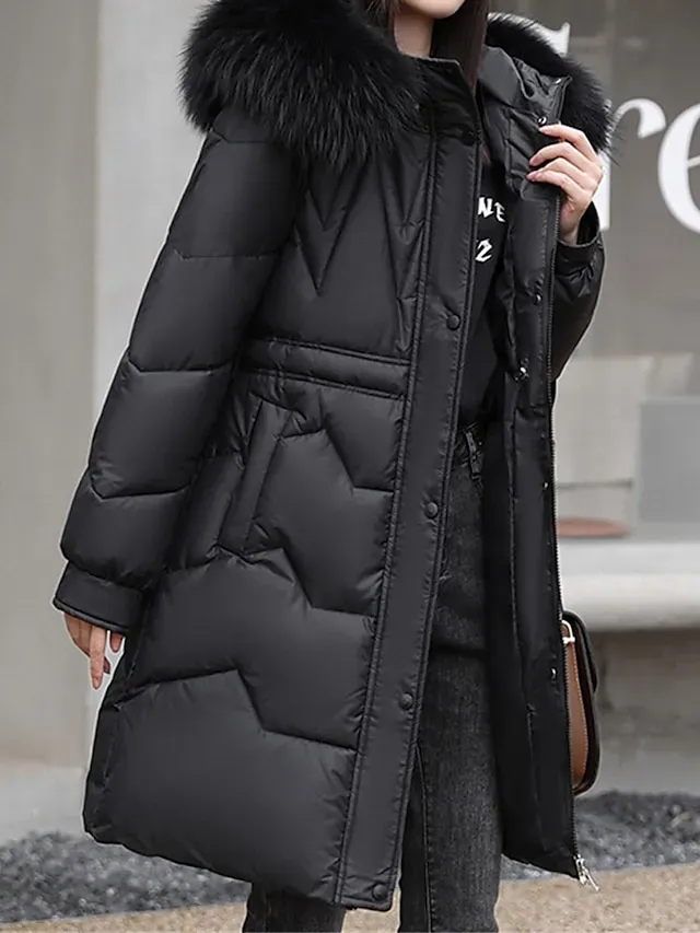 Women's Parka Winter Long Puffer Jacket Fall Windproof Warm Zipper Coat with Pocket Fur Collar Hood Modern Casual Street Style Plain Regular Fit Outerwear Long Sleeve Black White Pink