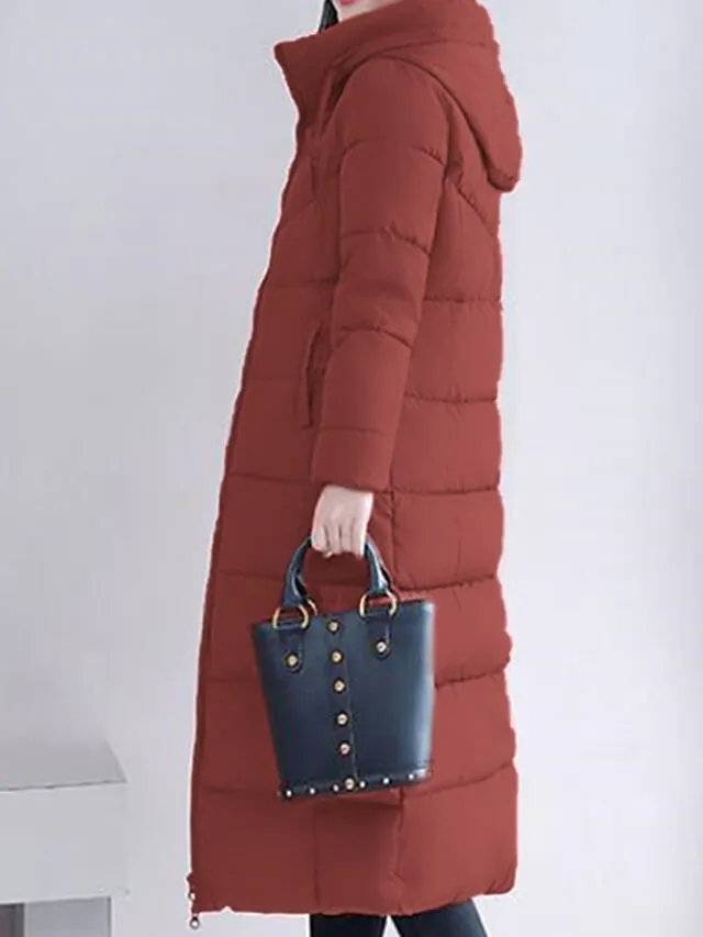 Women's Puffer Jacket Winter Jacket Winter Coat Hoodie Jacket Street Daily Valentine's Day Fall Winter Long Coat Regular Fit Warm Breathable Casual Jacket Long Sleeve Solid Color Full Zip Black Dusty