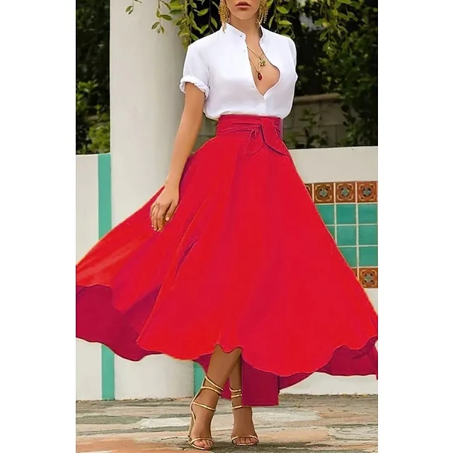 Women's Skirt Swing Work Skirts Long Skirt Maxi Cotton Blend Yellow Red Orange Skirts Autumn / Fall Streetwear Weekend S M L