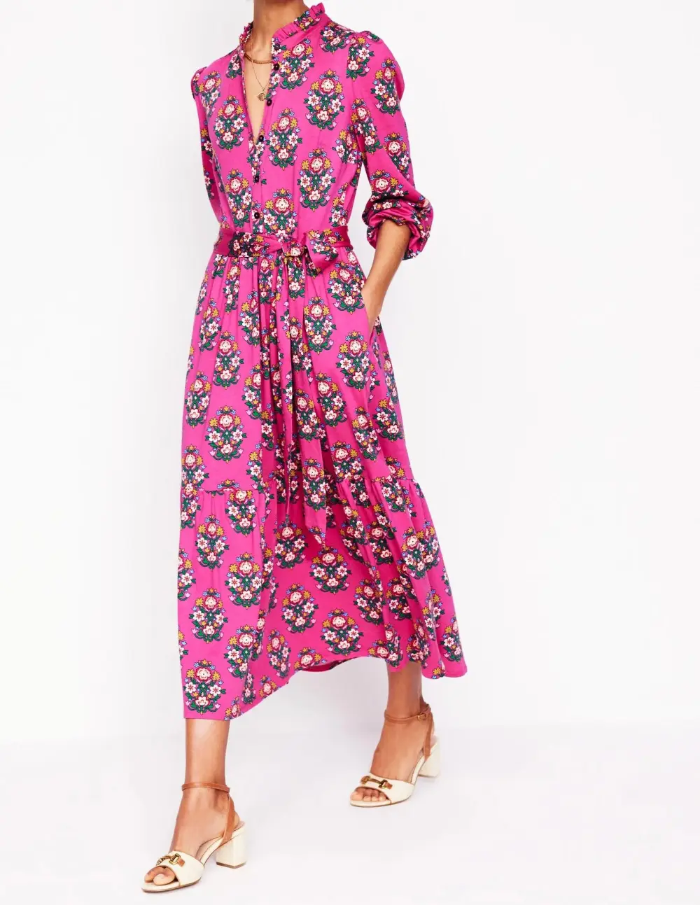 Hot Pink Floral Belted Midi Dress