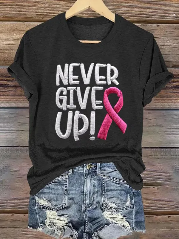 Women'S T-Shirts Women's Never Give Up Pink Ribbon Breast Cancer Awareness Print Shirt