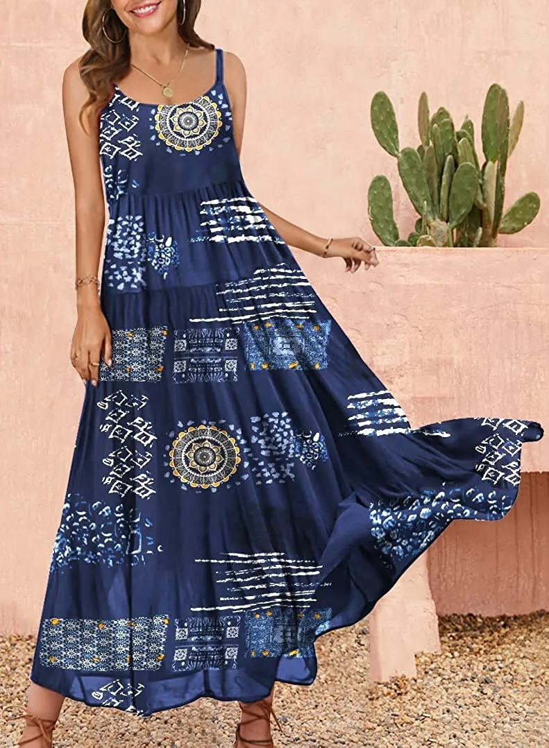 Summer Dresses for Women Casual Loose Bohemian Floral Dress with Pockets Spaghetti Strap Maxi Dress E75