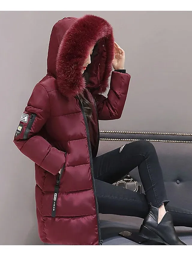 Women's Puffer Jacket Long with Pockets Slim Fit Fur Collar Coat powder Bean Green White Black Gray Classic Style Christmas Winter Zipper Hoodie Regular Fit M L XL XXL XXXL / Daily / Windproof