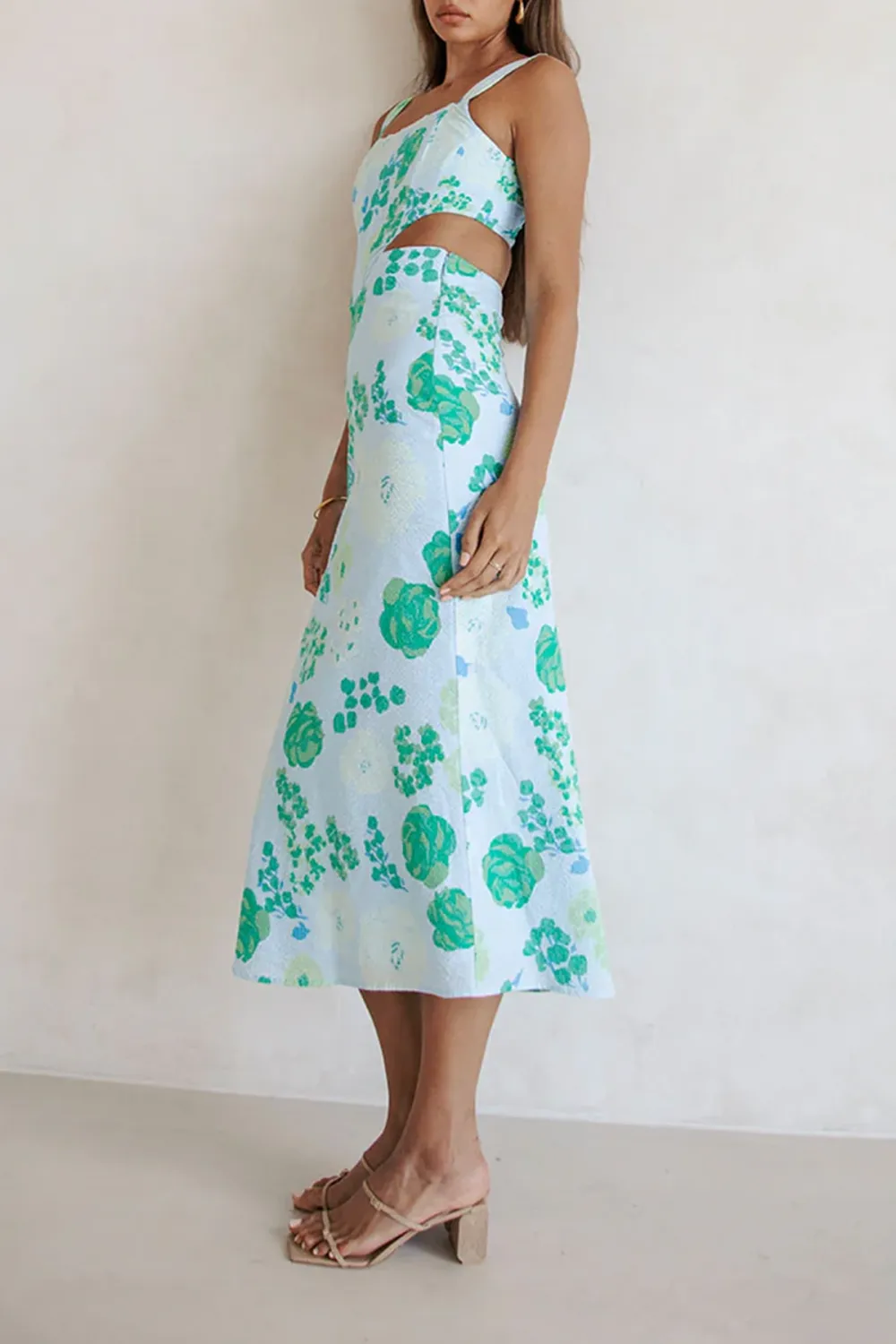Square Neck Cut Out Floral Midi Dress