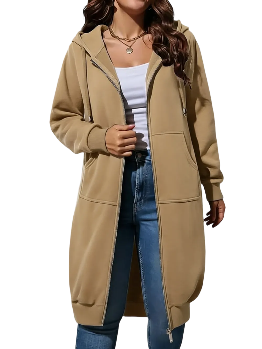 🧥 Women's Longline Zip-Up Fleece Hoodie