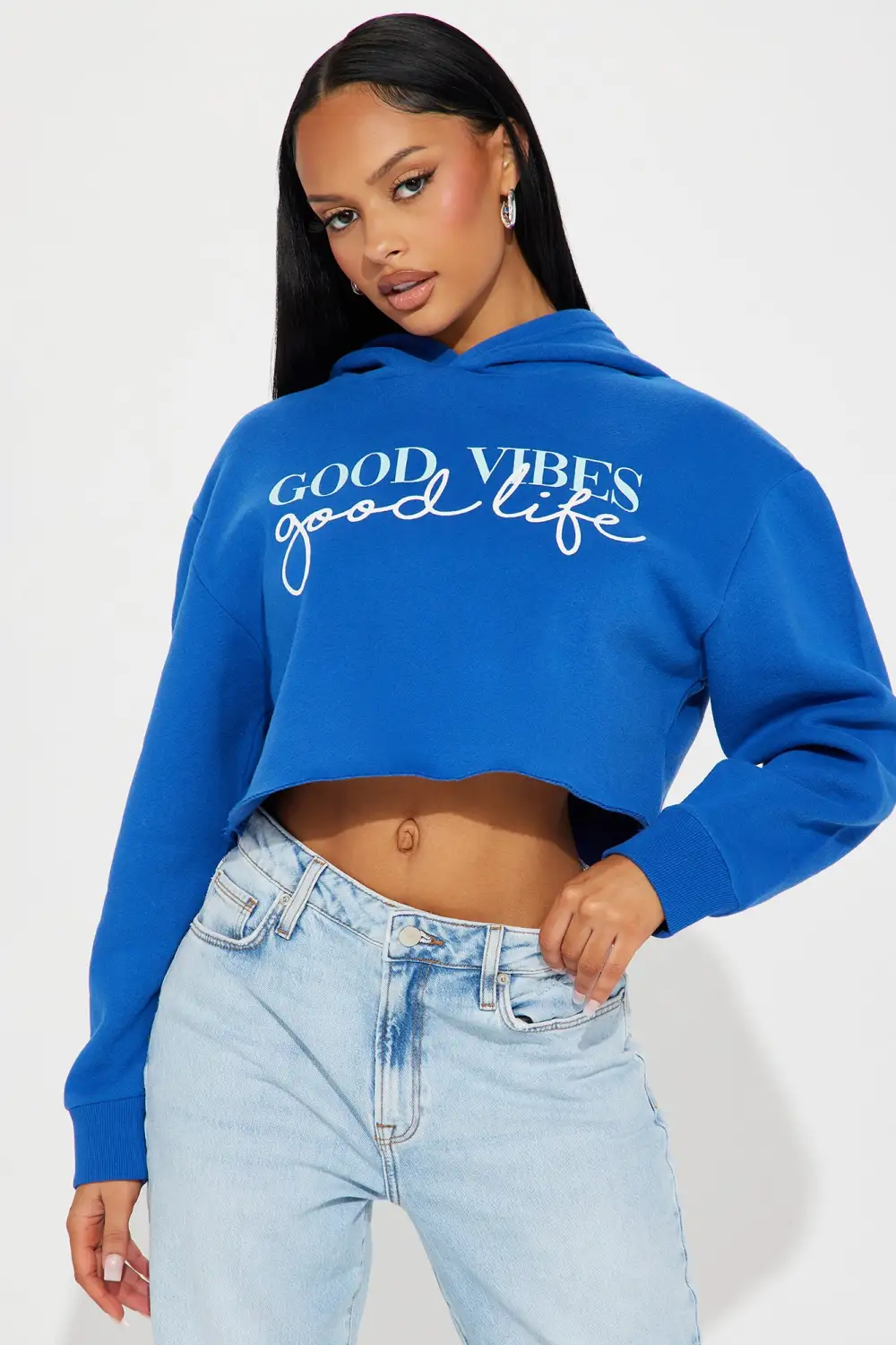 Good Vibes Good Life Crop Hoodie - Blue