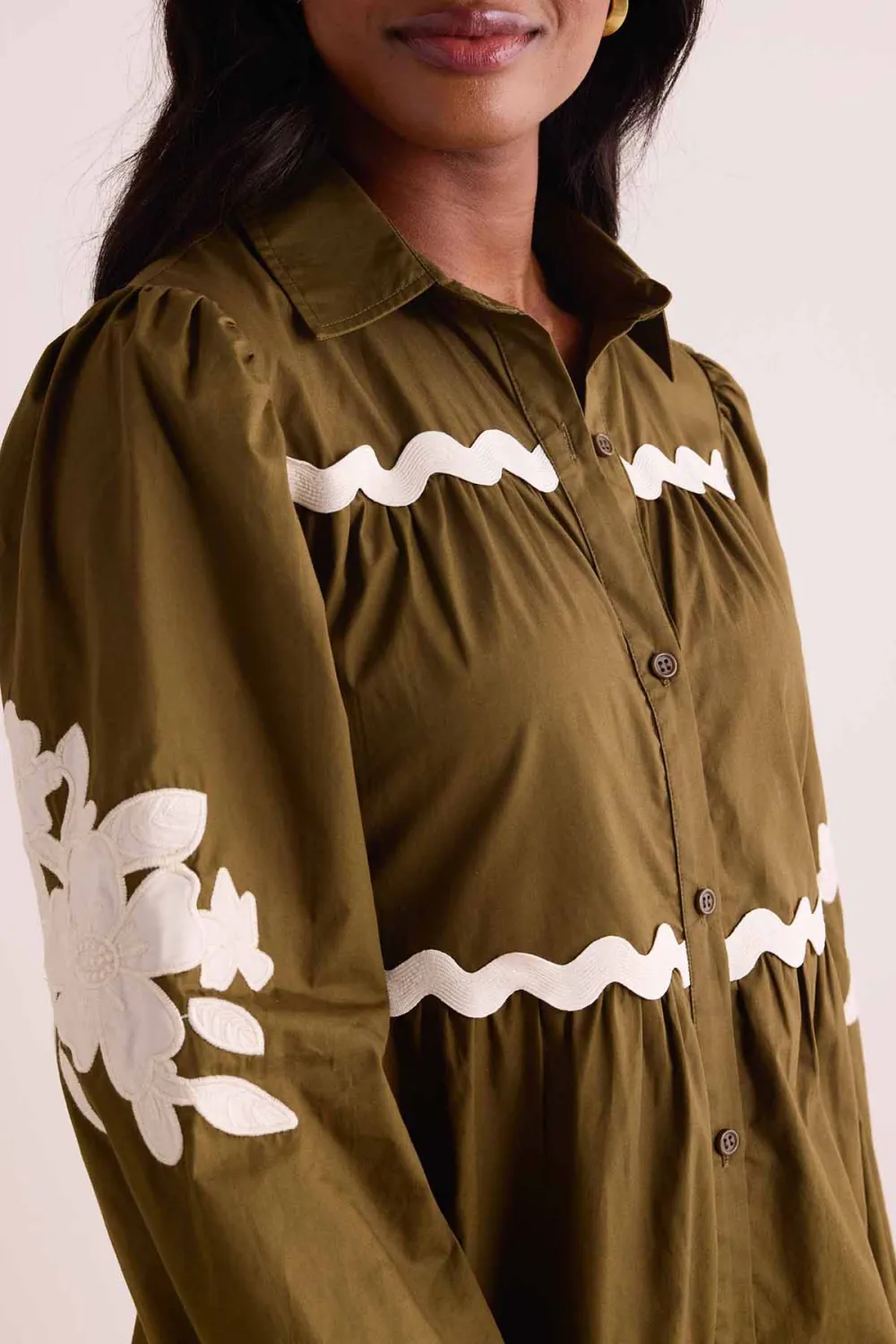 Olive Green Scallop Trim Long Sleeve Tiered Dress