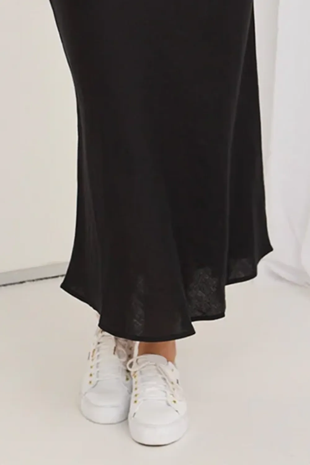Black Linen Bias Cut Midi Skirt