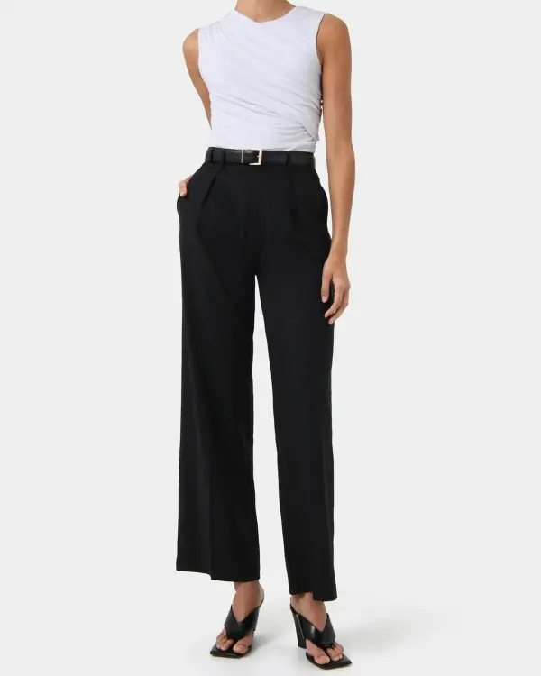 High Waisted Design Linen Tailored Pants -Black