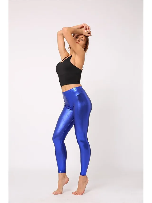 Women's Tights Leggings PU Faux Leather High Elasticity Mid Waist Sporty Party Causal Sapphire Scarlet One-Size Fall & Winter