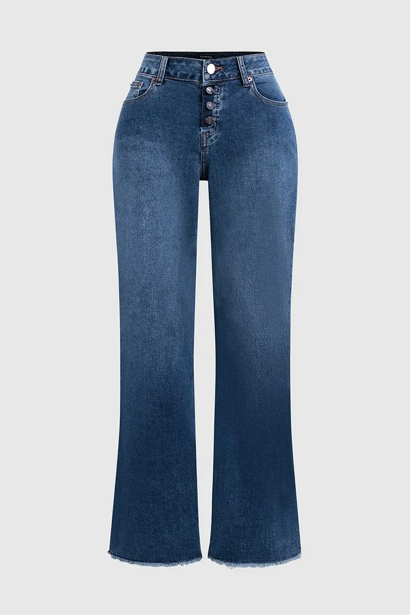 Button Fly Mid Waist Straight Leg Jeans
