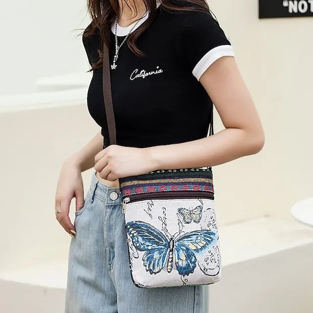 Women's Crossbody Bag Shoulder Bag Hobo Bag Polyester Daily Holiday Zipper Large Capacity Lightweight Durable Geometric Cat Folk [Small Size]Couple Cat [Trumpet] Yellow Elephant [Trumpet] Blue