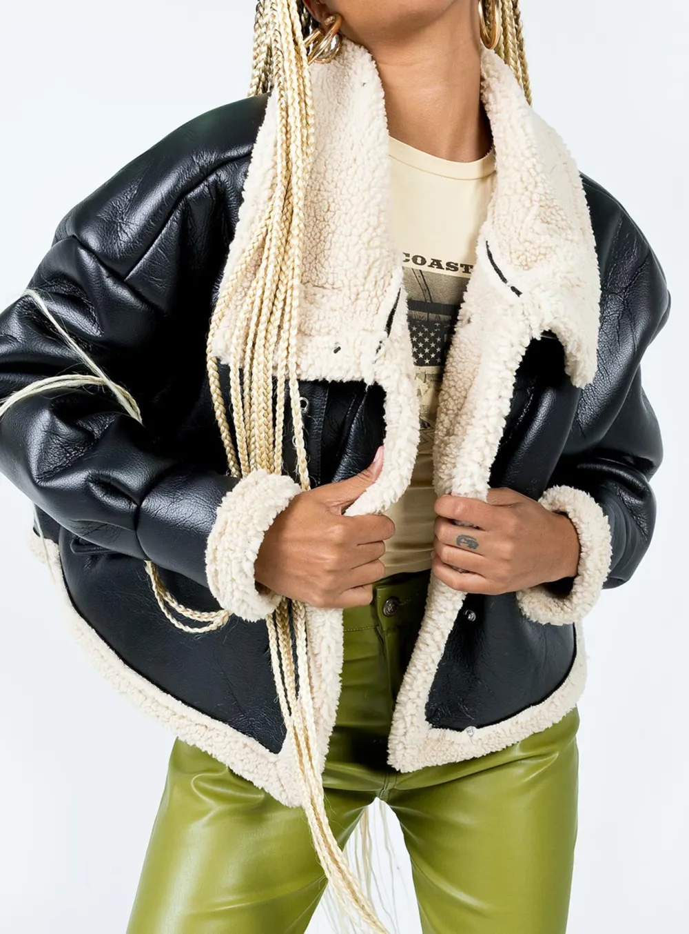 Black Faux Leather Jacket with Shearling Trim