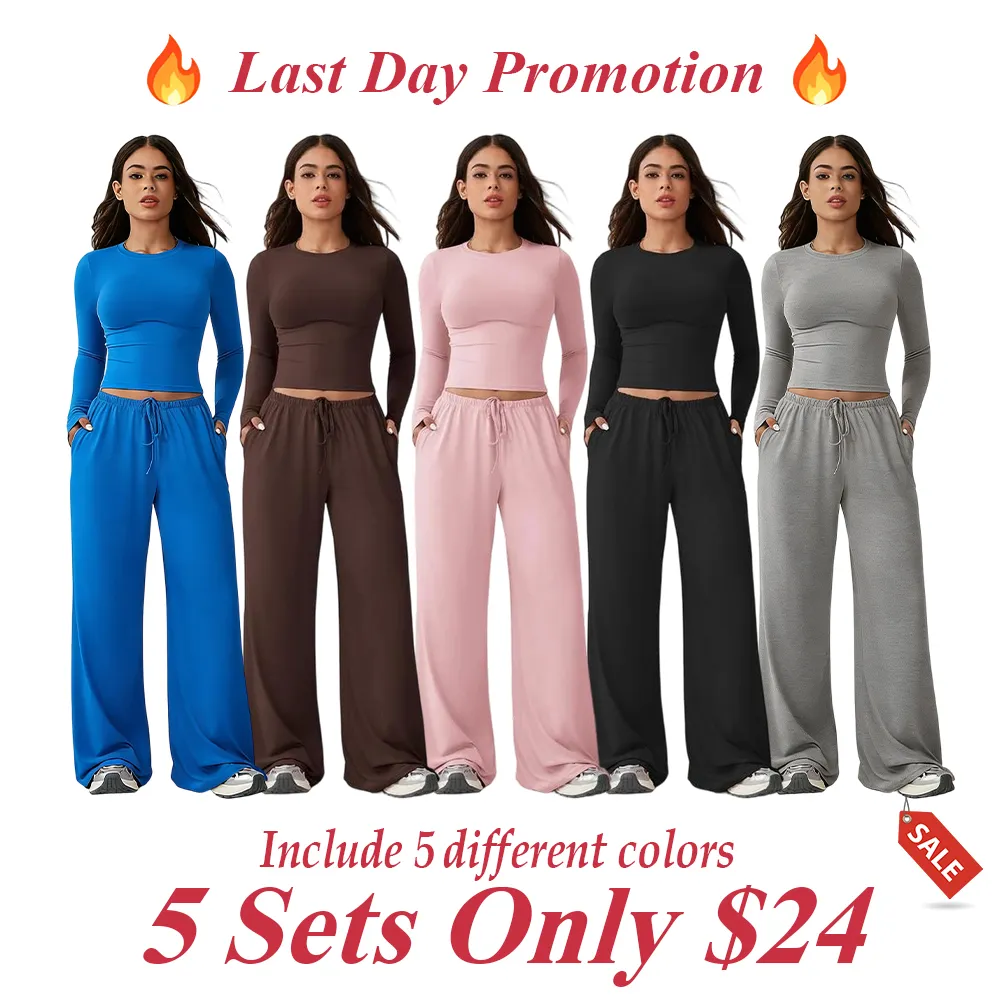 Women's two-piece tracksuit set, long-sleeved crop top and wide-leg pants
