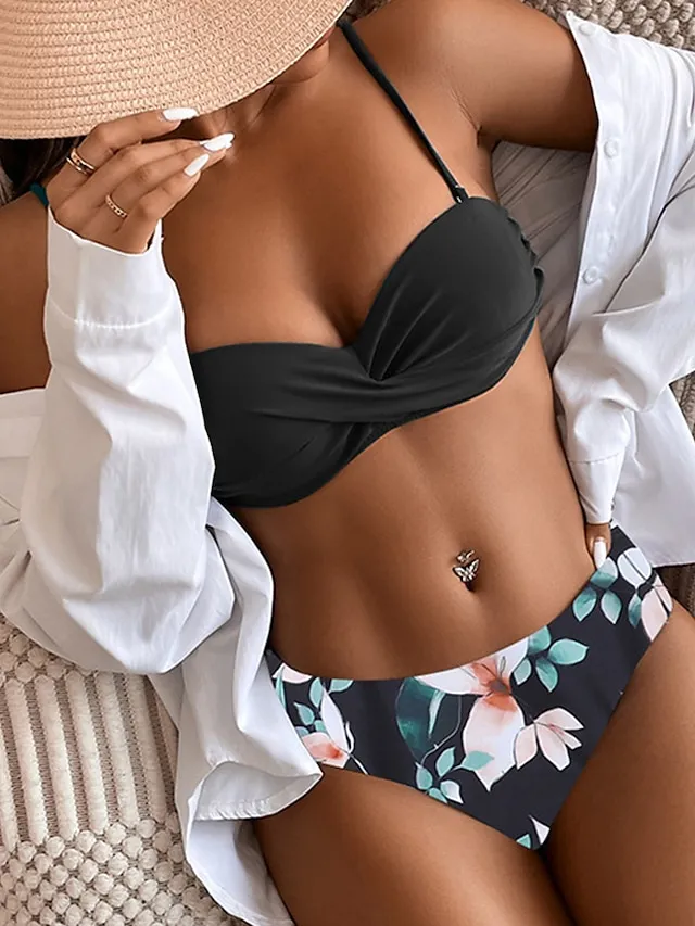 Women's Swimwear Bikini 2 Piece Normal Swimsuit 2 Piece Open Back Sexy Printing High Waisted Floral Leaves Black Yellow Navy Blue Royal Blue Blue Strap Bathing Suits Sexy Vacation Fashion