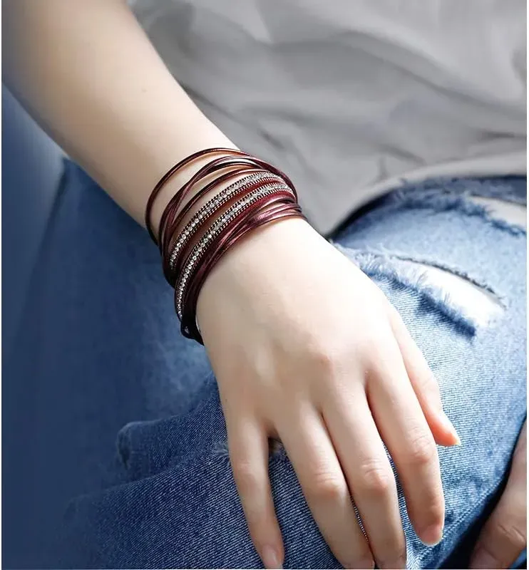 Fesciory Leather Wrap Bracelets for Women, Boho Leopard Multi-Layer Crystal Beads Cuff Bracelet Jewelry