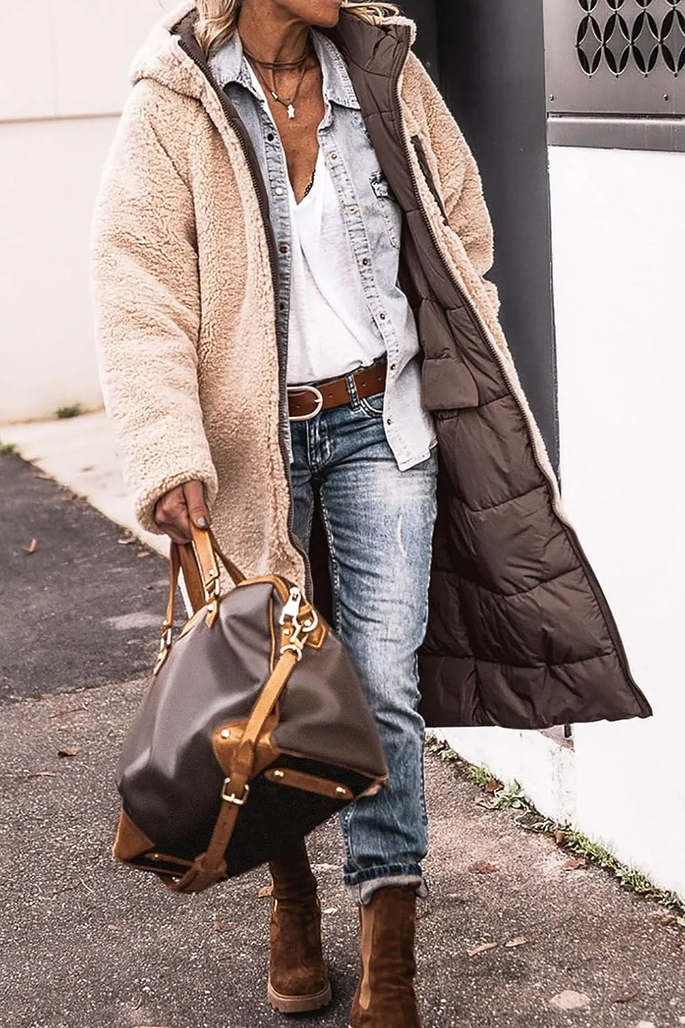 Women's 2023 Warm Winter Coats Reversible Sherpa Fleece Long Hooded Puffer Jackets Outerwear