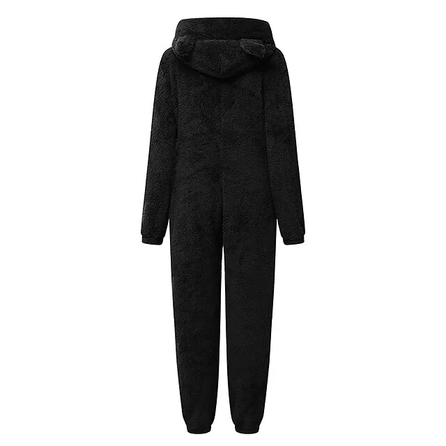 Women's Flannel Adult Onesies Onesie Pajamass Pajama for Adult Jumpsuits Nighty Pure Color Simple Comfort Party Home Christmas  Warm Gift Hoodie Long Sleeve Fall Winter Black