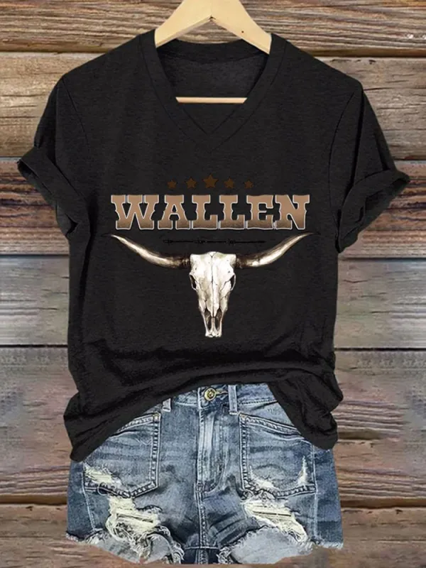 Bull Skull-Themed V-Neck Short-Sleeved T-Shirts