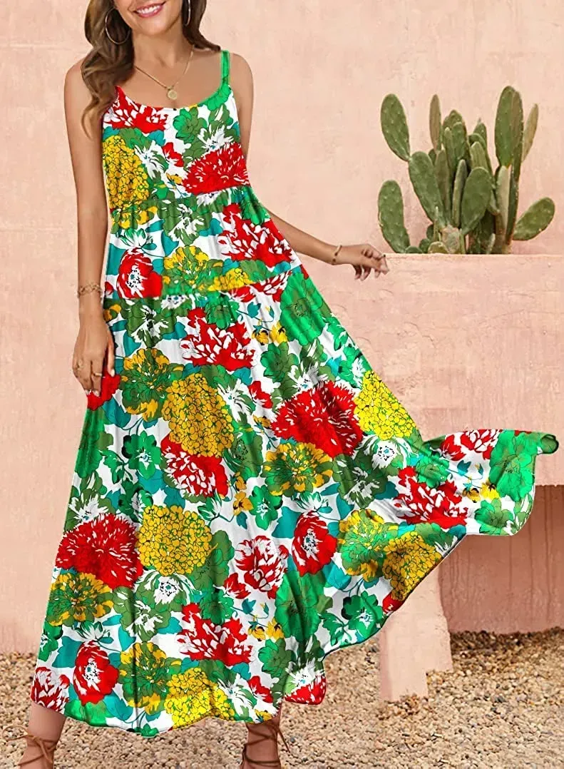 Summer Dresses for Women Casual Loose Bohemian Floral Dress with Pockets Spaghetti Strap Maxi Dress E75