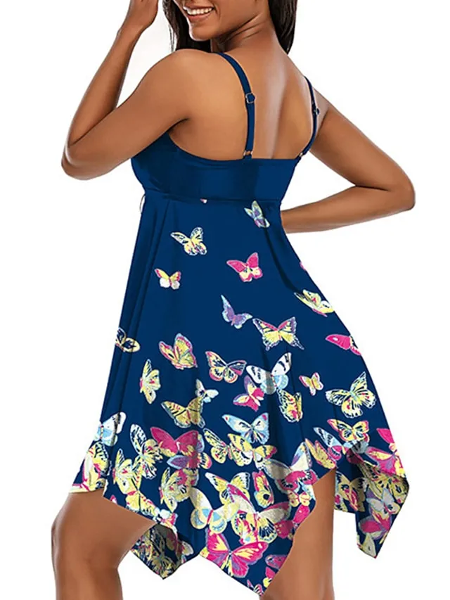 Women's Swimwear Swim Dress 2 Piece Plus Size Swimsuit 2 Piece Modest Swimwear Open Back Printing for Big Busts Animal Butterfly Navy Blue Camisole Strap Bathing Suits New Vacation Fashion