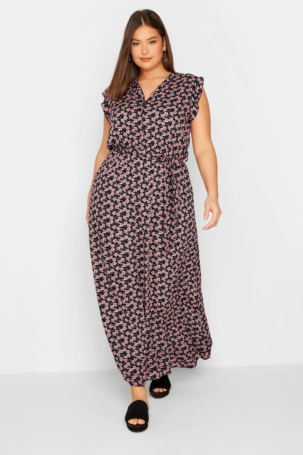 LTS Tall Black Ditsy Floral Frill Maxi Dress