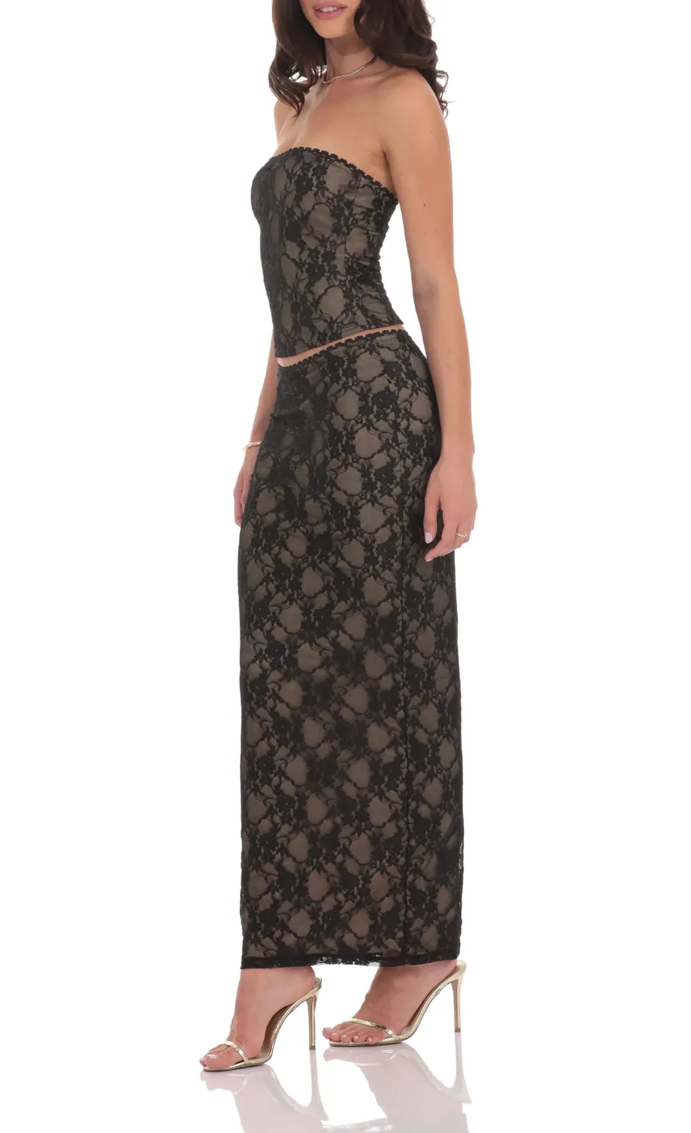 Lace Strapless Two Piece Set in Black