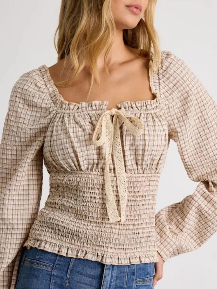 Smocked Plaid Long Sleeve Blouse