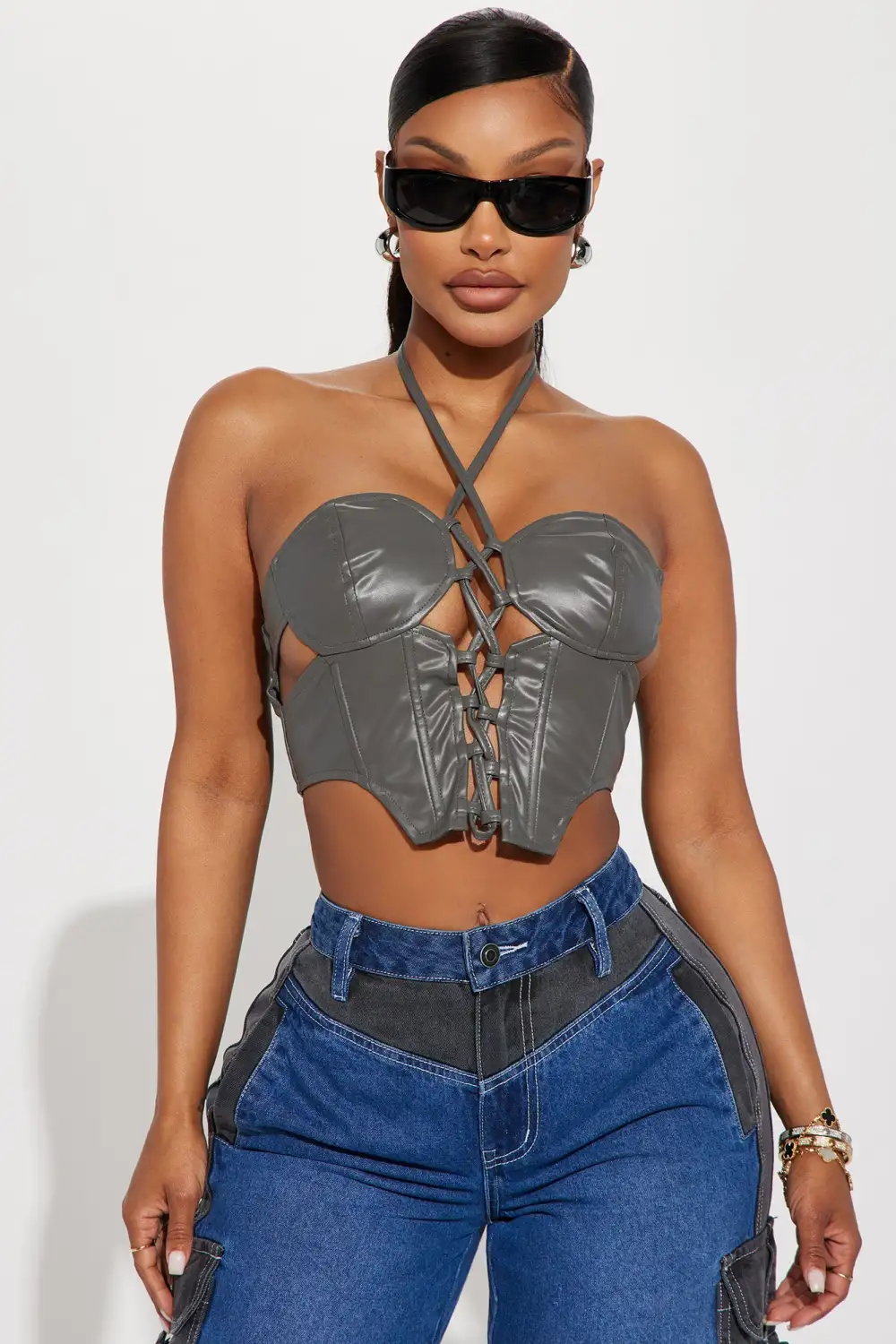 Link With Me Faux Leather Halter Top - Charcoal