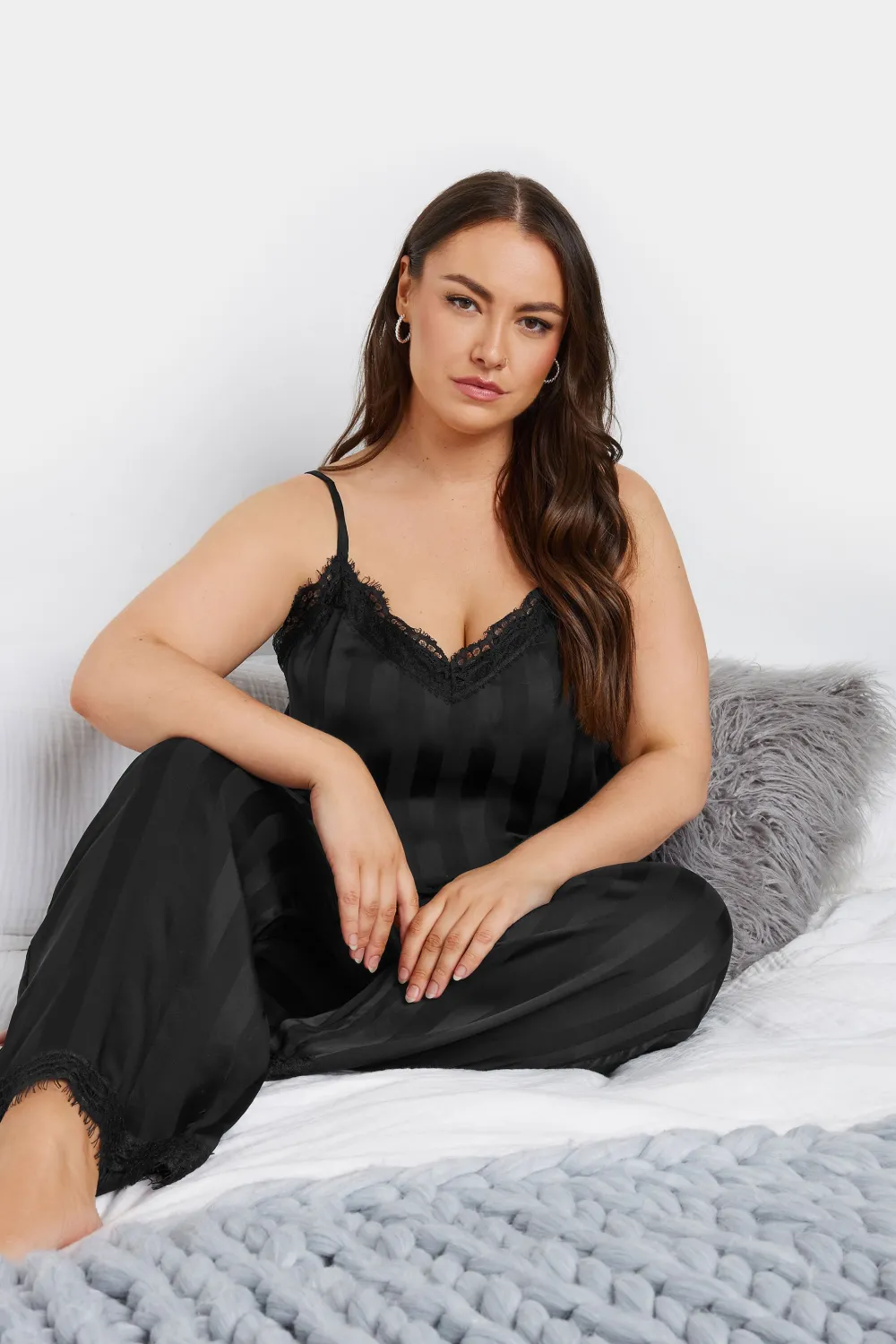 YOURS Curve Black Stripe Satin Pyjama Set