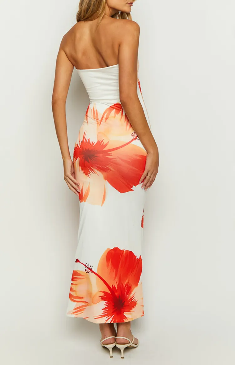 White and Orange Floral Tube Dress