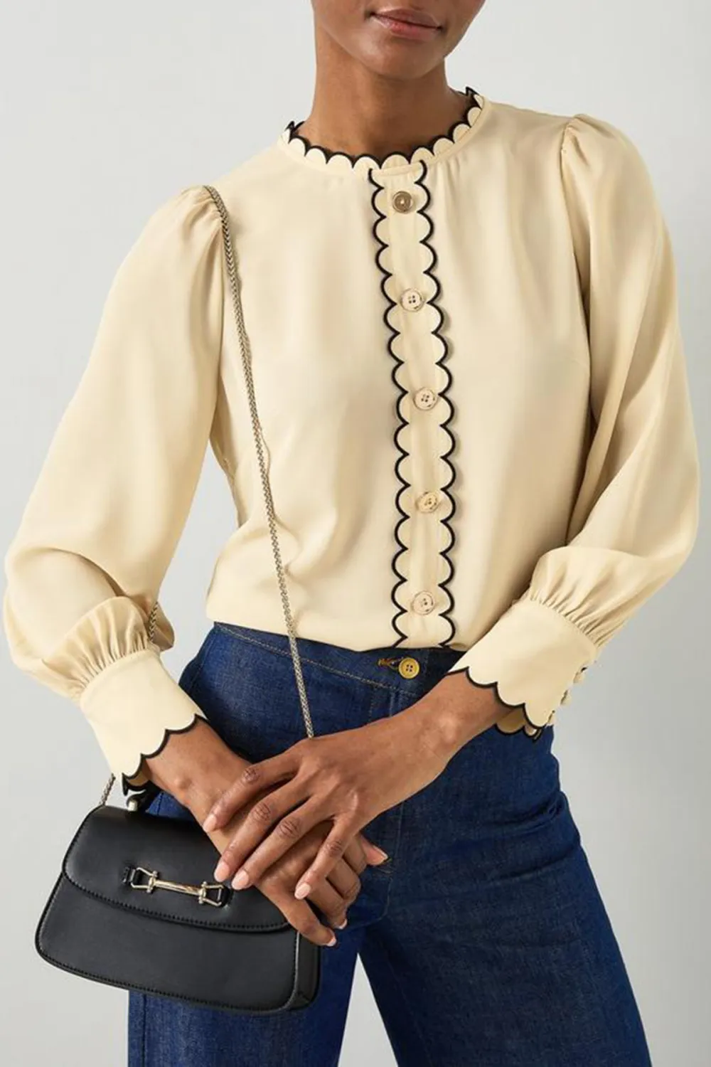 Cream Scallop Trim Long Sleeve Button Up Top