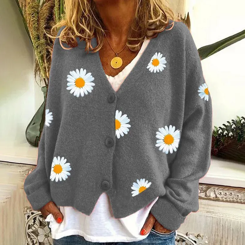Vintage Single-Breasted Daisy Jacquard Sweater Cardigan