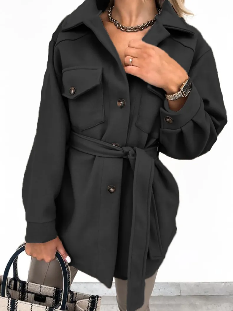 Belted pocket embellished open front jacket