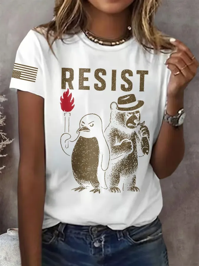 Women'S T-Shirt Vintage Bear And Penguin Anti-Print T-Shirt Pure Cotton Round Neck Short Sleeve