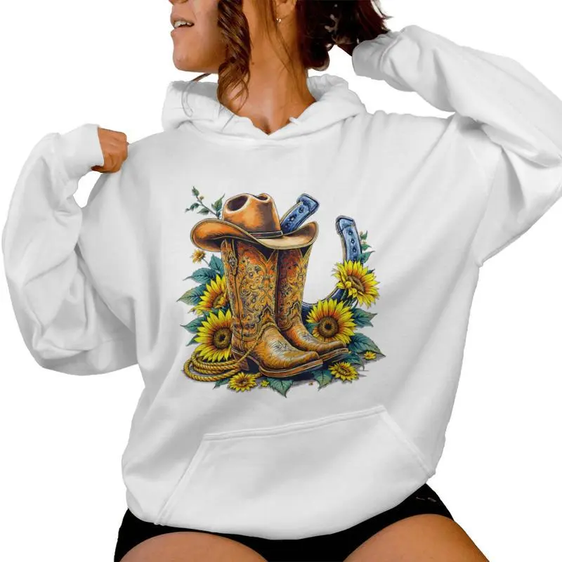 Western Cowboy Boots Floral Rope Hat Sunflower Horseshoe Women Hoodie