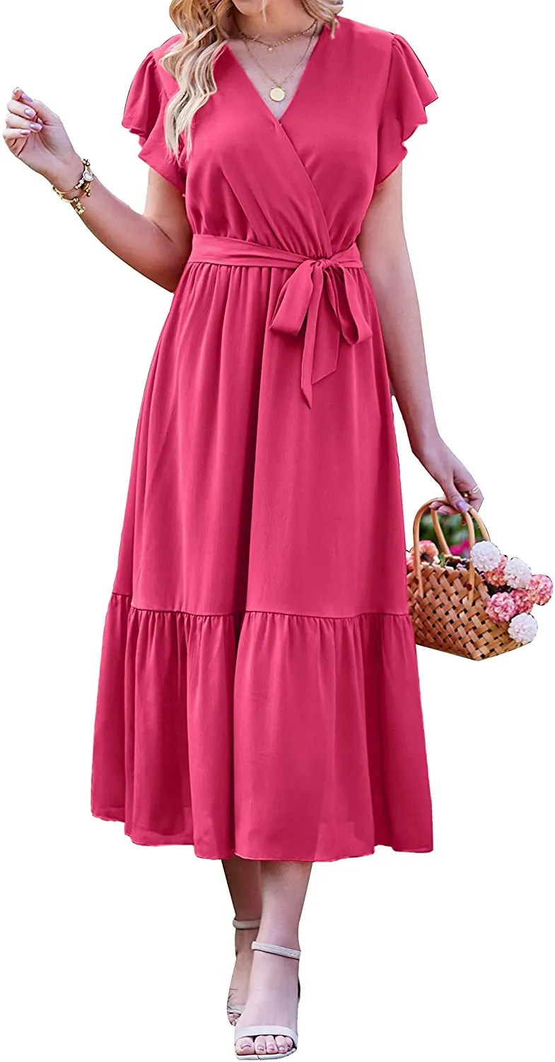 Women Summer Bohemian Floral Casual Wrap V Neck Ruffle Cap Sleeveless Belt A-Line Pleated Hem Swing Midi Sun Dress