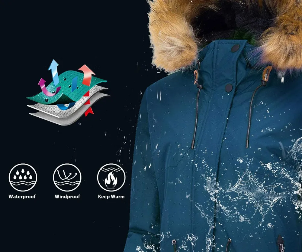 Women's Waterproof Ski Jacket Hooded Winter Snow Coat Mountain Snowboarding Jackets Insulated Fleece Parka