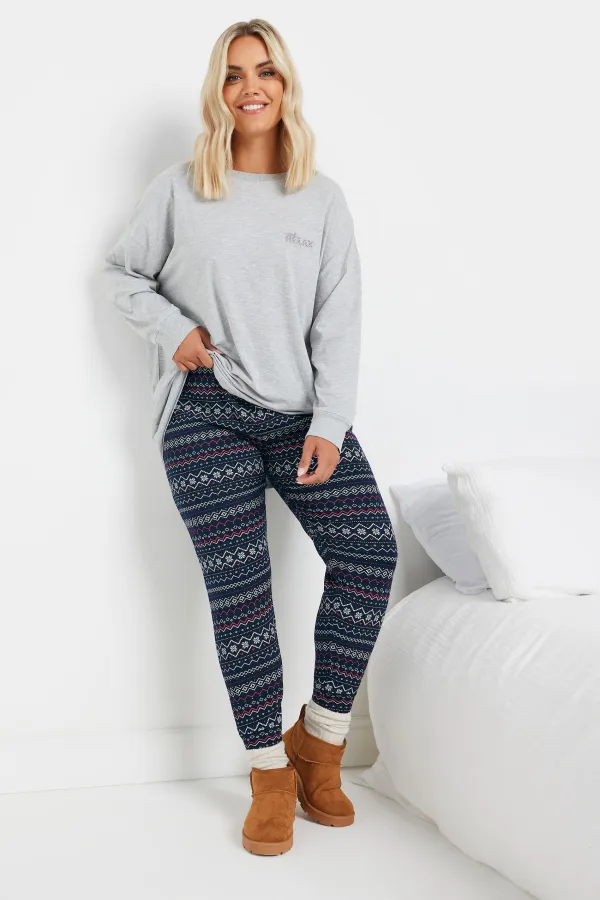 YOURS Curve Navy Blue Fairisle Cuffed Pyjama Bottoms