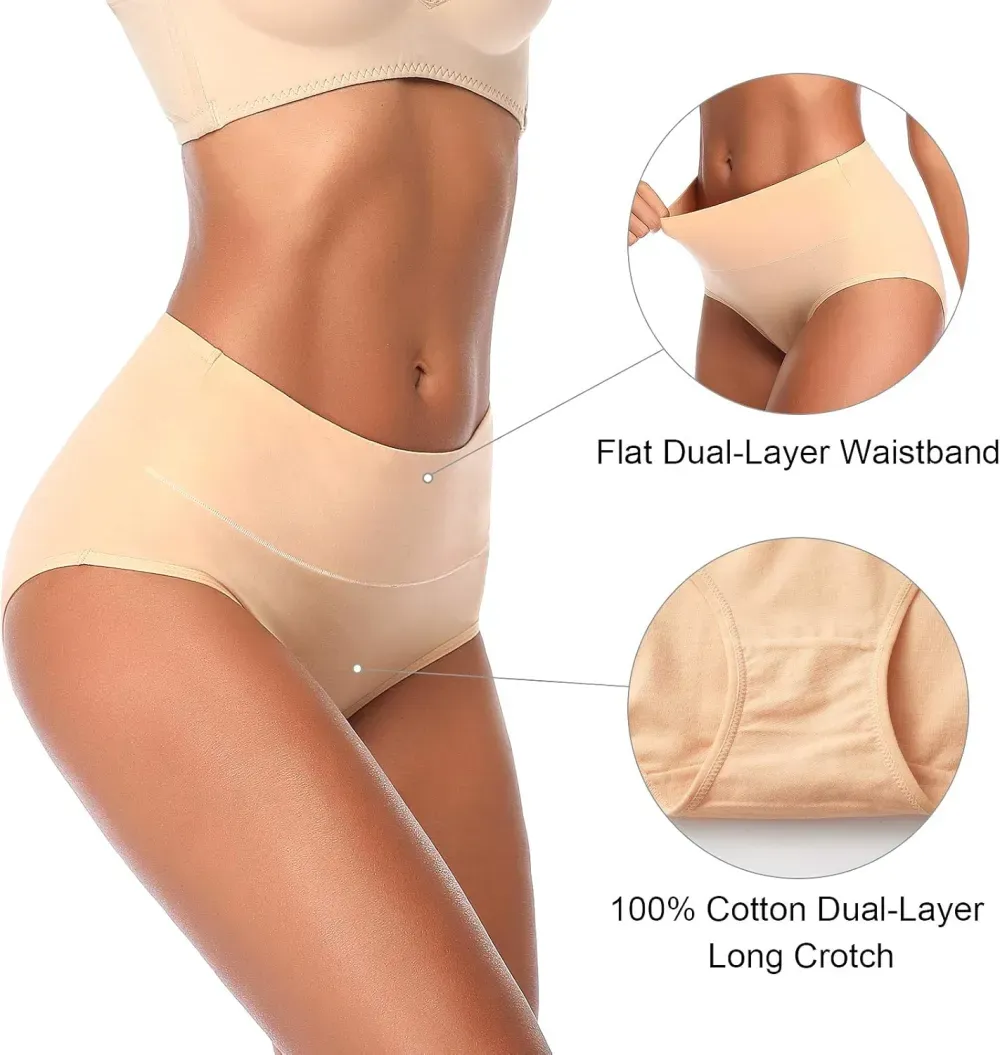 Womens Underwear,Cotton Mid Waist No Muffin Top Full Coverage Brief Ladies Panties Lingerie Undergarments for Women Multipack