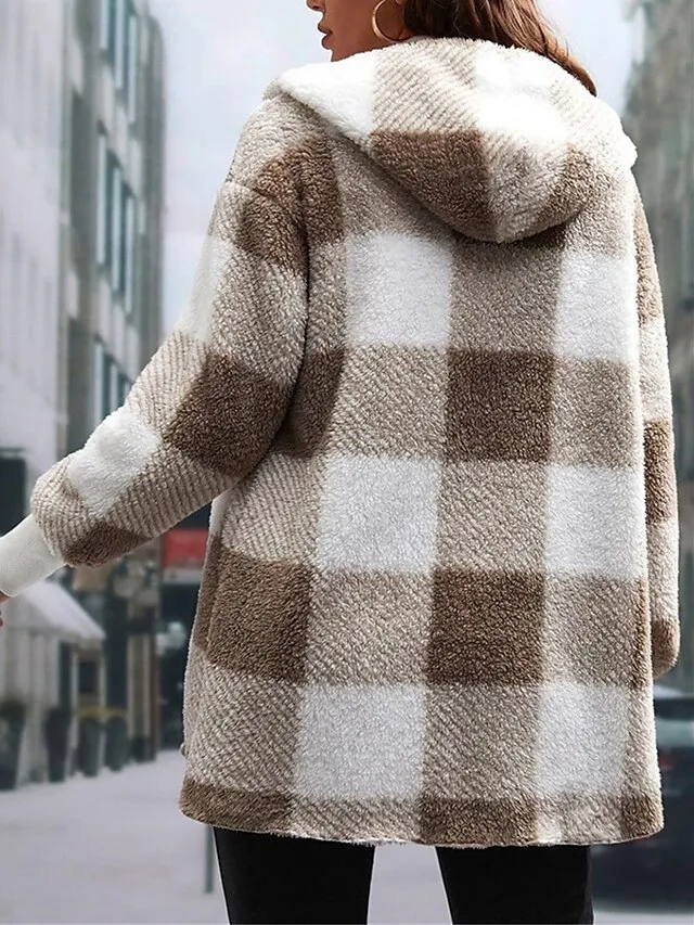Women's Fleece Jacket Teddy Coat Hoodie Jacket Warm Breathable Street Daily Wear Vacation Going out Pocket Fleece Lined Open Front Hoodie Casual Street Style Stripes and Plaid Regular Fit Outerwear