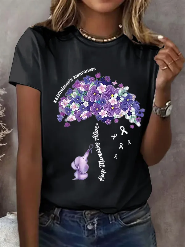 Women'S Alzheimer'S Awareness Keep Memories Aliver Floral Printed Short Sleeve T-Shirt