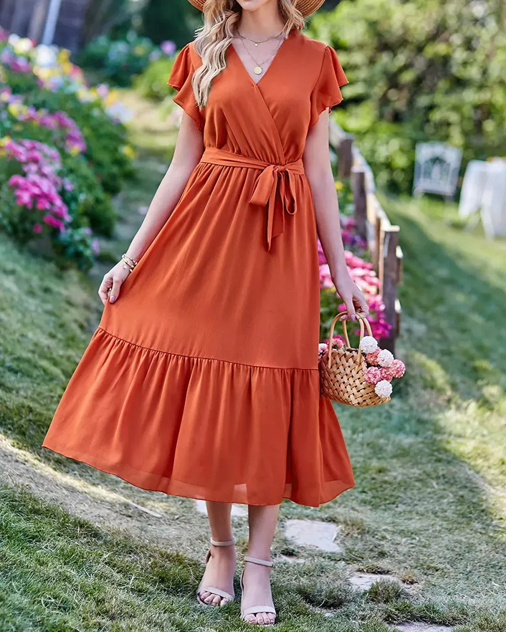 Women Summer Bohemian Floral Casual Wrap V Neck Ruffle Cap Sleeveless Belt A-Line Pleated Hem Swing Midi Sun Dress
