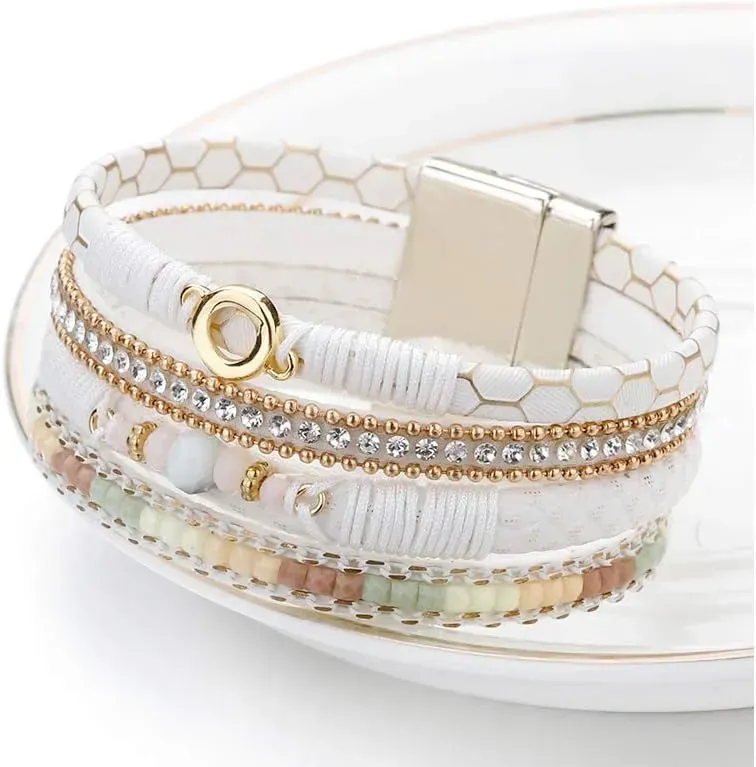 Fesciory Leather Wrap Bracelets for Women, Boho Leopard Multi-Layer Crystal Beads Cuff Bracelet Jewelry