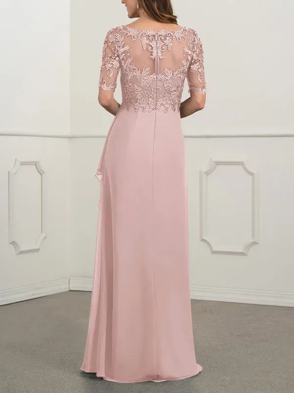 Floor-to-ceiling chiffon lace back zip bridal mom dress