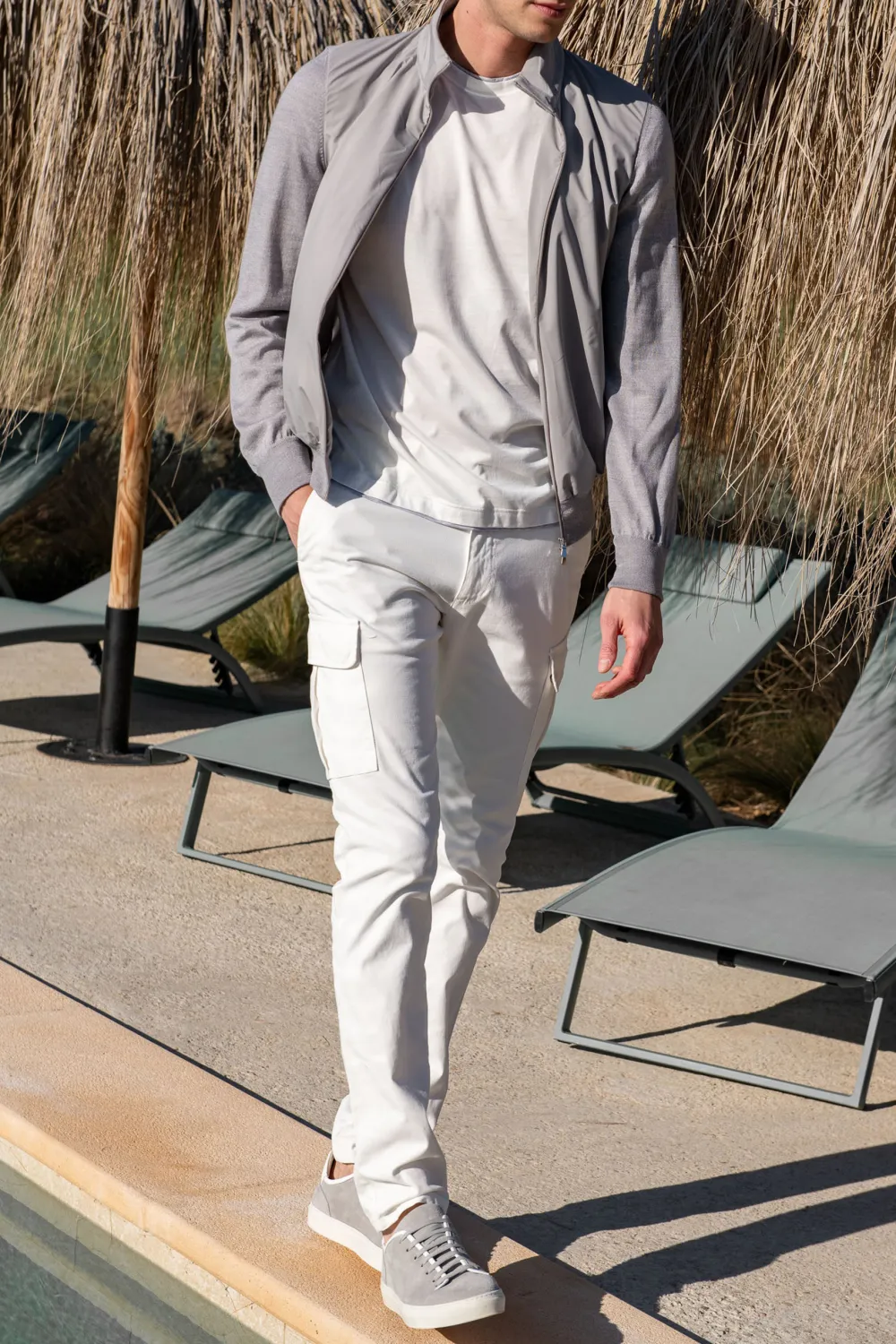 Light Grey Knit & Nylon Bomber Jacket