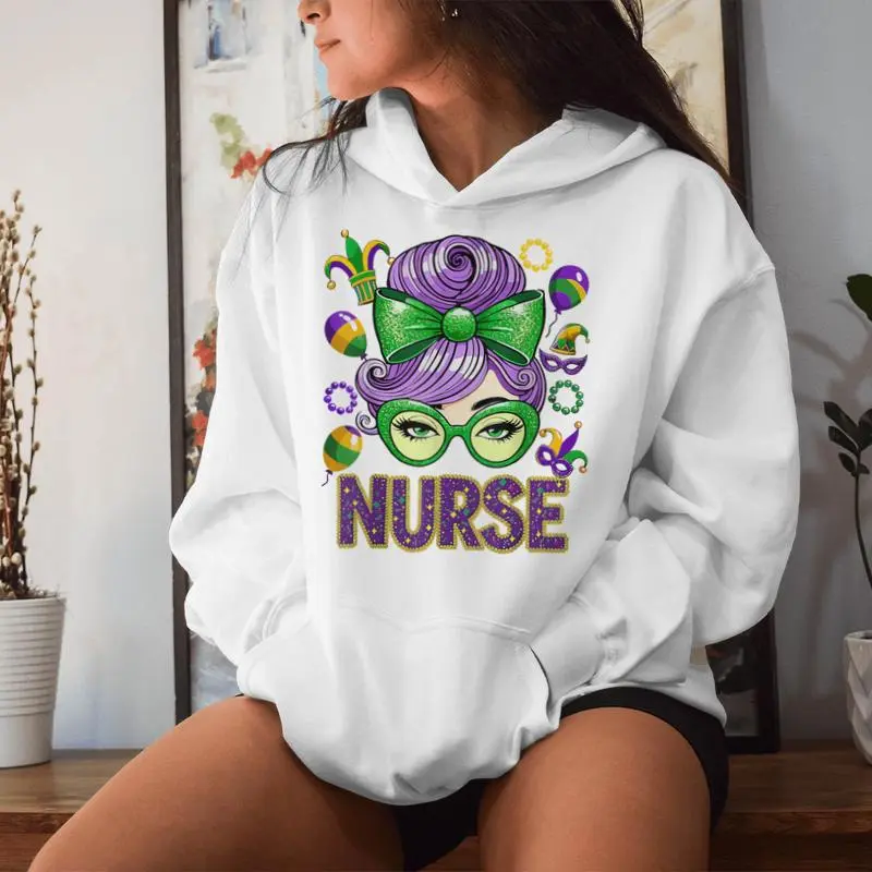 Mardi Gras Nurse Messy Bun Mask Beads Mardi Gras Women Hoodie